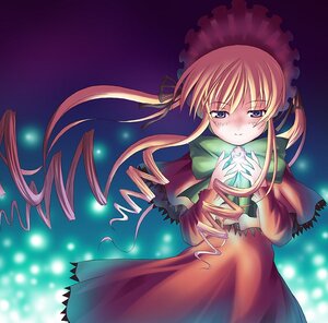Rating: Safe Score: 0 Tags: 1girl blonde_hair blue_eyes blush capelet dress drill_hair frills image long_hair long_sleeves looking_at_viewer night outdoors red_dress shinku smile solo standing twin_drills twintails umbrella User: admin