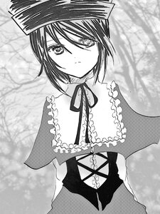 Rating: Safe Score: 0 Tags: 1girl bare_tree blurry capelet closed_mouth expressionless greyscale hariruri hat image long_sleeves looking_at_viewer monochrome neck_ribbon outdoors ribbon short_hair snow solo souseiseki tree upper_body User: admin