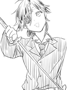 Rating: Safe Score: 0 Tags: 1boy collared_shirt eyepatch greyscale holding holding_sword holding_weapon image kirakishou long_sleeves looking_at_viewer monochrome shirt smile solo striped sword upper_body weapon white_background User: admin
