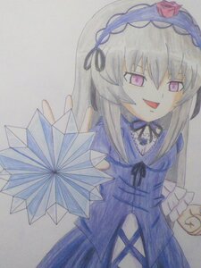 Rating: Safe Score: 0 Tags: 1girl dress flower frilled_sleeves frills hairband image long_hair long_sleeves looking_at_viewer marker_(medium) open_mouth pink_eyes ribbon rose simple_background smile solo suigintou traditional_media wings User: admin