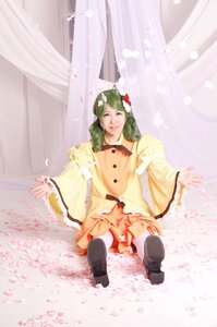 Rating: Safe Score: 0 Tags: 1girl cherry_blossoms curtains flower green_eyes green_hair hair_flower hair_ornament kanaria long_hair petals shoes sitting smile solo User: admin