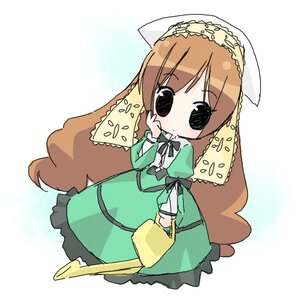 Rating: Safe Score: 0 Tags: 1girl brown_hair chibi dress frills full_body green_dress image long_hair long_sleeves solo standing suiseiseki very_long_hair white_background User: admin