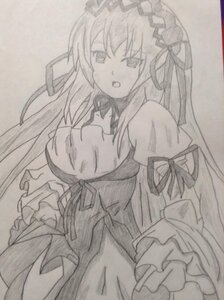 Rating: Safe Score: 0 Tags: 1girl auto_tagged dress frills greyscale hairband image lolita_hairband long_hair long_sleeves looking_at_viewer monochrome open_mouth ribbon simple_background solo suigintou traditional_media very_long_hair User: admin