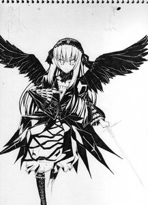 Rating: Safe Score: 0 Tags: 1girl black_wings boots dress feathered_wings frills greyscale hairband image long_hair long_sleeves looking_at_viewer monochrome ribbon solo suigintou traditional_media wings User: admin