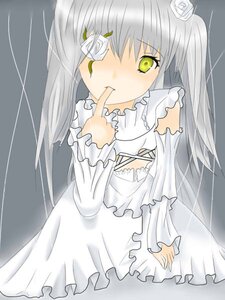 Rating: Safe Score: 0 Tags: 1girl blush dress eyepatch flower green_eyes hair_ornament image kirakishou long_hair long_sleeves rose silver_hair solo veil white_dress white_flower white_rose User: admin