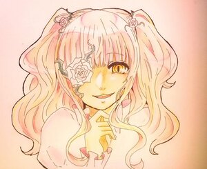 Rating: Safe Score: 0 Tags: 1girl eyepatch flower hair_flower hair_ornament image kirakishou long_hair pink_hair rose smile solo traditional_media two_side_up yellow_eyes User: admin