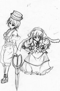 Rating: Safe Score: 0 Tags: 2girls frills full_body greyscale hat image long_sleeves looking_at_viewer monochrome multiple_girls pair shoes short_hair simple_background sisters souseiseki standing suiseiseki white_background User: admin