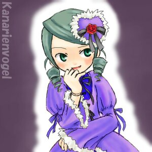 Rating: Safe Score: 0 Tags: 1girl dress drill_hair finger_to_mouth flower green_eyes green_hair hat image juliet_sleeves kanaria long_sleeves looking_at_viewer puffy_sleeves rose solo top_hat twin_drills User: admin