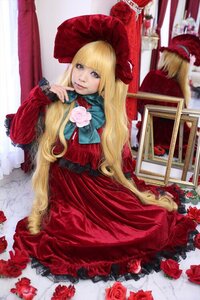 Rating: Safe Score: 0 Tags: 1girl blonde_hair blue_eyes bonnet curtains dress flower hat lips long_hair long_sleeves looking_at_viewer mirror red_dress red_flower red_rose rose shinku sitting solo very_long_hair User: admin