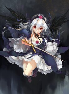 Rating: Safe Score: 0 Tags: 1girl black_wings breasts cleavage commentary_request dress feathers flower frills frown gothic_lolita hairband image large_breasts lolita_fashion lolita_hairband long_hair orokanahime red_eyes rose rozen_maiden silver_hair solo suigintou sword weapon white_hair wings User: admin
