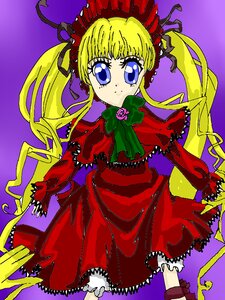 Rating: Safe Score: 0 Tags: 1girl blonde_hair blue_eyes bonnet bow bowtie capelet dress frills green_bow image long_hair long_sleeves looking_at_viewer purple_background red_dress shinku simple_background solo standing twintails User: admin