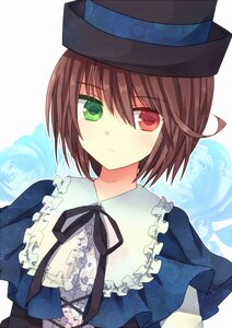 Rating: Safe Score: 0 Tags: 1girl blue_dress brown_hair flower frills green_eyes hat heterochromia image long_sleeves looking_at_viewer red_eyes ribbon short_hair solo souseiseki upper_body white_background User: admin