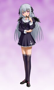 Rating: Safe Score: 0 Tags: 1girl black_dress black_legwear blush commentary_request cross doll_joints dress feathers full_body gradient gradient_background head_tilt ichikawa_masahiro image inverted_cross joints latin_cross long_hair long_sleeves looking_at_viewer mary_janes purple_background purple_eyes ribbon rozen_maiden school_uniform shoes silver_hair skirt smile solo standing suigintou thighhighs wings User: admin