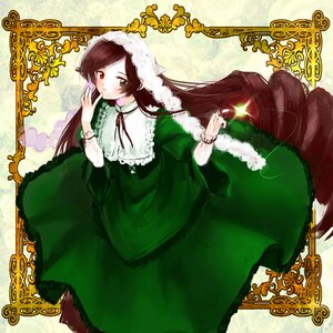Rating: Safe Score: 0 Tags: 1girl brown_hair dress frills green_dress green_eyes heterochromia image long_hair long_sleeves looking_at_viewer red_eyes ribbon solo suiseiseki very_long_hair yellow_background User: admin