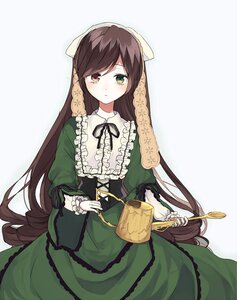 Rating: Safe Score: 0 Tags: 1girl bangs blush brown_hair dress frills green_dress green_eyes holding image long_hair long_sleeves looking_at_viewer ribbon solo suiseiseki very_long_hair watering_can User: admin