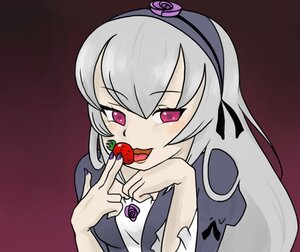 Rating: Safe Score: 3 Tags: 1girl flower food fruit hairband holding_fruit image long_hair open_mouth purple_eyes purple_flower purple_rose silver_hair simple_background solo strawberry suigintou User: admin