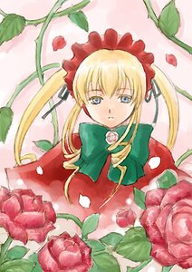 Rating: Safe Score: 0 Tags: 1girl blonde_hair blue_eyes blush bow bowtie dress flower green_bow image leaf long_hair long_sleeves looking_at_viewer pink_rose red_dress rose shinku solo twintails User: admin