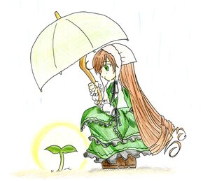 Rating: Safe Score: 0 Tags: 1girl boots brown_hair dress frills full_body green_dress green_eyes holding holding_umbrella image leaf long_hair long_sleeves parasol rain red_umbrella solo standing suiseiseki umbrella very_long_hair white_background User: admin