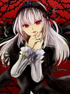 Rating: Safe Score: 3 Tags: 1girl bangs black_dress black_ribbon dress eyebrows_visible_through_hair flower frilled_sleeves frills hairband image juliet_sleeves long_hair long_sleeves looking_at_viewer puffy_sleeves red_eyes ribbon rose smile solo suigintou upper_body wings User: admin