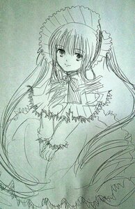 Rating: Safe Score: 0 Tags: 1girl bow capelet dress frills image long_hair long_sleeves looking_at_viewer monochrome shinku simple_background smile solo standing traditional_media very_long_hair User: admin