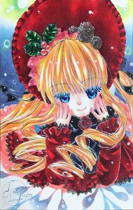 Rating: Safe Score: 0 Tags: 1girl blonde_hair blue_eyes bonnet bow dress drill_hair flower frills hands_on_own_face hat image long_hair looking_at_viewer marker_(medium) pink_rose red_dress red_flower rose shinku smile solo traditional_media twin_drills watercolor_(medium) User: admin