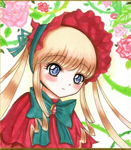 Rating: Safe Score: 0 Tags: 1girl bangs blonde_hair blue_eyes blush bonnet bow bowtie capelet dress drill_hair eyebrows_visible_through_hair flower green_bow hat image long_hair looking_at_viewer marker_(medium) pink_flower pink_rose red_capelet red_rose rose shinku sidelocks smile solo traditional_media twin_drills twintails upper_body white_background User: admin
