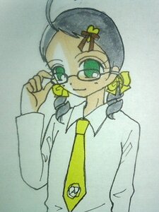 Rating: Safe Score: 0 Tags: 1girl ahoge glasses green_eyes green_neckwear hair_ornament image kanaria labcoat long_sleeves necktie shirt simple_background solo upper_body yellow_neckwear User: admin
