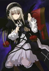 Rating: Safe Score: 0 Tags: 1girl absurdres black_wings chair dress expressionless frills gothic_lolita hairband highres image lolita_fashion lolita_hairband long_hair long_sleeves looking_at_viewer morimoto_hirofumi non-web_source nyantype official_art red_eyes ribbon rose rozen_maiden scan silver_hair sitting socks solo suigintou wings User: admin