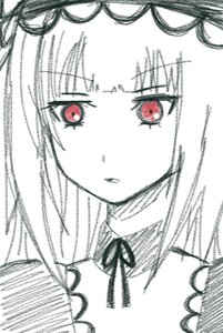 Rating: Safe Score: 0 Tags: 1girl bangs hair_ornament image long_hair looking_at_viewer monochrome parted_lips red_eyes ribbon simple_background solo spot_color suigintou white_background User: admin