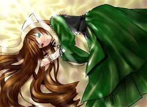 Rating: Safe Score: 0 Tags: 1girl brown_hair dress frills green_dress green_eyes hat heterochromia image long_hair long_sleeves looking_at_viewer lying on_side red_eyes solo suiseiseki very_long_hair User: admin