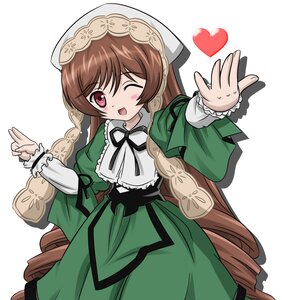 Rating: Safe Score: 0 Tags: 1girl ;d auto_tagged blush brown_hair commentary_request dress drill_hair green_dress hat head_scarf heart image long_hair long_sleeves looking_at_viewer one_eye_closed open_mouth red_eyes ribbon rozen_maiden simple_background smile solo suiseiseki takumi_(rozen_garten) very_long_hair white_background User: admin