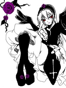 Rating: Safe Score: 0 Tags: 1girl boots dress feathers flower frills hairband image long_hair long_sleeves looking_at_viewer monochrome purple_flower purple_rose red_eyes red_rose rose solo suigintou thorns wings User: admin