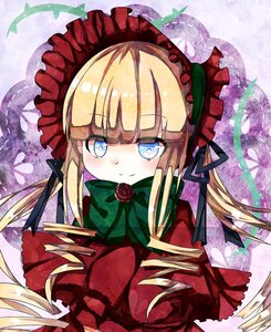 Rating: Safe Score: 0 Tags: 1girl blonde_hair blue_eyes blush bonnet bow bowtie dress drill_hair flower green_bow image long_hair long_sleeves looking_at_viewer rose shinku smile solo twintails User: admin