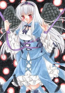 Rating: Safe Score: 0 Tags: 1girl blue_dress blush choker dress frills hairband image long_hair long_sleeves looking_at_viewer marker_(medium) red_eyes ribbon solo standing suigintou traditional_media wings User: admin