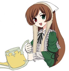 Rating: Safe Score: 0 Tags: 1girl :d brown_hair dress frills green_dress green_eyes head_scarf heterochromia holding image long_hair long_sleeves looking_at_viewer open_mouth red_eyes simple_background smile solo suiseiseki upper_body very_long_hair watering_can white_background User: admin