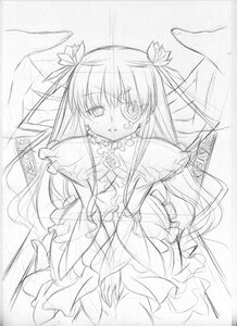 Rating: Safe Score: 0 Tags: 1girl barasuishou dress frills greyscale hair_ribbon image long_hair long_sleeves looking_at_viewer monochrome ribbon sketch solo two_side_up very_long_hair User: admin