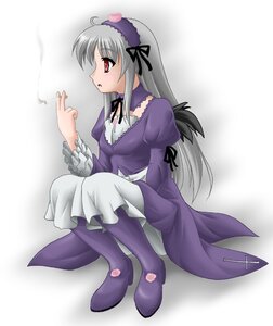 Rating: Safe Score: 0 Tags: 1girl artist_request boots cigarette detached_collar dress frills full_body hairband image juliet_sleeves long_hair long_sleeves photoshop_(medium) puffy_sleeves red_eyes rozen_maiden silver_hair sitting smoking solo suigintou very_long_hair wings User: admin