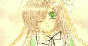 Rating: Safe Score: 0 Tags: 1girl black_ribbon blonde_hair dress green_eyes image long_hair long_sleeves looking_at_viewer one_eye_closed ribbon smile solo suiseiseki User: admin