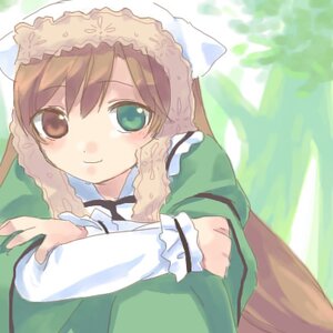 Rating: Safe Score: 0 Tags: 1girl blush brown_hair dress frills green_background green_dress green_eyes hat head_scarf image long_hair long_sleeves smile solo striped suiseiseki vertical_stripes User: admin