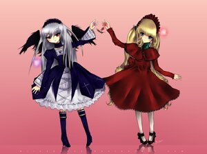 Rating: Safe Score: 0 Tags: 2girls blonde_hair blue_eyes dress frills full_body hairband image long_hair long_sleeves multiple_girls pair red_dress rose shinku silver_hair simple_background standing suigintou wings User: admin