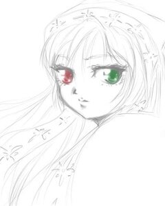 Rating: Safe Score: 0 Tags: 1girl face green_eyes image long_hair looking_at_viewer monochrome red_eyes simple_background sketch solo spot_color suiseiseki white_background User: admin