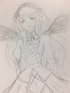 Rating: Safe Score: 0 Tags: 1girl dress eyebrows_visible_through_hair feathered_wings greyscale hairband image long_hair long_sleeves looking_at_viewer monochrome simple_background sketch smile solo suigintou traditional_media very_long_hair wings User: admin