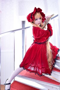 Rating: Safe Score: 0 Tags: 1girl bangs blonde_hair blue_eyes dress flower frills high_heels lips realistic red_dress shinku shoes solo User: admin