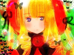 Rating: Safe Score: 0 Tags: 1girl bangs blonde_hair blue_butterfly blue_eyes blush bow bug butterfly drill_hair flower food fruit hat image insect long_hair rose shinku solo twin_drills User: admin