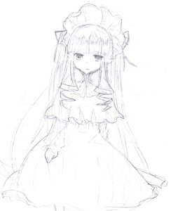 Rating: Safe Score: 0 Tags: 1girl bangs blush capelet dress greyscale image long_hair long_sleeves looking_at_viewer monochrome shinku simple_background sketch solo standing striped very_long_hair white_background User: admin