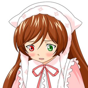 Rating: Safe Score: 0 Tags: 1girl blush brown_hair dress floral_print frills green_eyes head_scarf heterochromia image long_hair object_on_head panties_on_head red_eyes ribbon simple_background solo suiseiseki underwear white_background User: admin