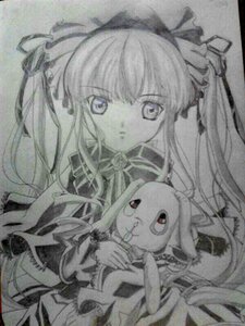 Rating: Safe Score: 0 Tags: 1girl dress hair_ribbon hairband image long_hair long_sleeves looking_at_viewer monochrome ribbon shinku solo stuffed_animal suigintou traditional_media very_long_hair wings User: admin