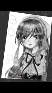 Rating: Safe Score: 0 Tags: 1girl black_border blush bubble circle_cut dress eyebrows_visible_through_hair greyscale image letterboxed long_hair looking_at_viewer monochrome neck_ribbon ribbon smile solo suiseiseki traditional_media User: admin