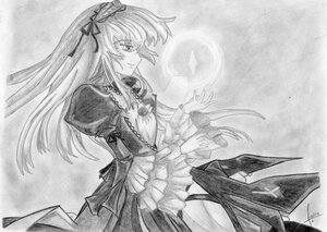 Rating: Safe Score: 0 Tags: 1girl choker dress flower frills graphite_(medium) greyscale hairband image jewelry long_hair long_sleeves monochrome profile ribbon smile solo suigintou traditional_media User: admin