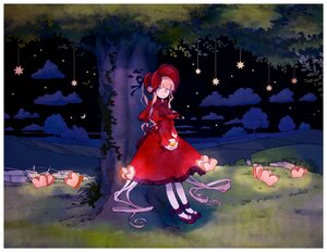 Rating: Safe Score: 0 Tags: 1girl blue_eyes bonnet bow dress forest grass hat image nature night outdoors red_dress shinku solo standing tree User: admin